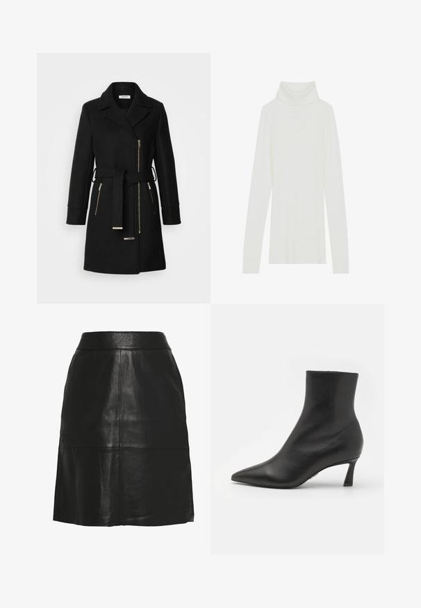 Zwarte wollen mix jas met een notch-kraag, verstelbare riem en zijritsen. Getextureerde stof met accenten in goudkleurig metaal.; Witte geribde turtleneck trui met lange mouwen, zachte textuur en een hoge rolkraag, met een aansluitend ontwerp en geen zichtbare sluitingen.; Zwarte A-lijn rok van imitatieleren met hoge taille en zichtbare naaddetails aan de voorkant en bij de zoom.; Steve Madden LULAH - Enkelkaarsjes - black