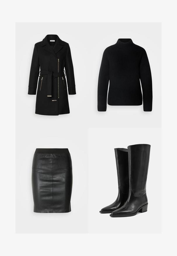 Zwarte wollen mix jas met een notch-kraag, verstelbare riem en zijritsen. Getextureerde stof met accenten in goudkleurig metaal.; Zwarte turtleneck sweater van ribstof. Voorzien van lange mouwen en een nauwsluitend ontwerp met een hogere neklijn. Zachte textuur.; Zwarte kokerrok van soepel leer, met een elastische tailleband voor een aansluitende pasvorm en een minimalistisch ontwerp.; Een paar hoge zwarte leren laarzen met lage blokhakken en puntige neuzen op een effen lichte achtergrond.