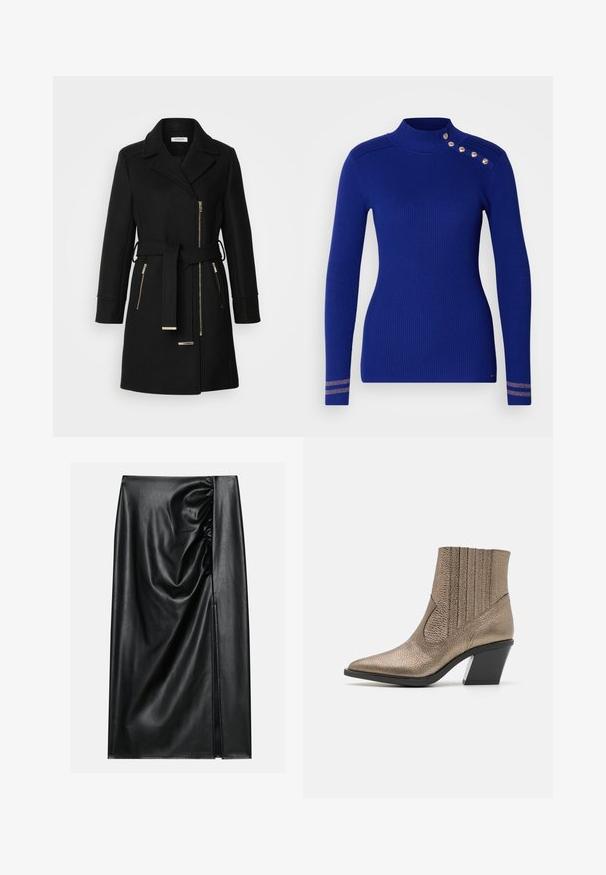 Zwarte wollen mix jas met een notch-kraag, verstelbare riem en zijritsen. Getextureerde stof met accenten in goudkleurig metaal.; Geribbelde blauwe trui met een hoge hals, lange mouwen en gouden knoopdetail op de schouder, met metalen gestreepte accenten op de manchetten.; Zwarte leren rok met een soepele textuur, voorzien van een geplooid gedeelte aan één kant en een zijspleet voor extra detail.; Metalen bronzen enkelboot met een spitse neus, textuur oppervlak, verticale uitsparingen en een blokhak met een doorzichtig accent.
