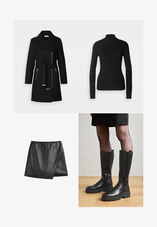 Zwarte wollen mix jas met een notch-kraag, verstelbare riem en zijritsen. Getextureerde stof met accenten in goudkleurig metaal.; Zwarte coltrui gemaakt van lichte brei stof. Heeft lange mouwen, een aansluitend design en een zachte ribbeltextuur.; Zwarte leren mini-jurk met een wikkelontwerp, voorzien van een zachte textuur, een verborgen rits aan de achterkant en nette randstiksel.; Zwarte kniehoge laarzen met een gladleren buitenkant, elastische zijpanelen en een chunky rubberen zool met een gestructureerd profiel.