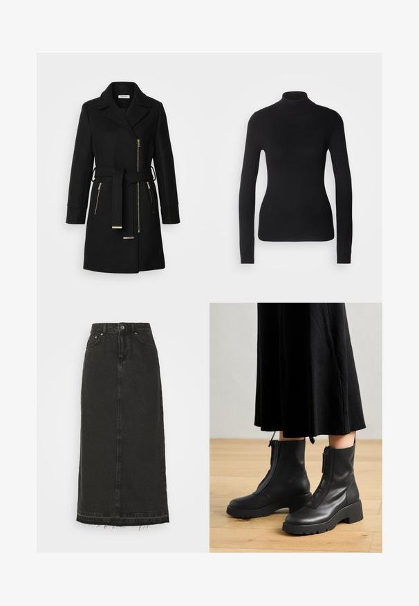 Sort uldblandingsfrakke med klippet krave, justerbart bælte og sidelommer med lynlås. Teksturstof med hardware i guldfarve.; Sort turtleneck sweater lavet af let strikket stof. Har lange ærmer, et tætsiddende design og en blød ribbet tekstur.; Sort denim midi-nederdel med en tætsiddende talje, frontknaplukning og frynset kant. Har klassisk fem-lomme-design og let struktur.; Sorte læder ankelstøvler med en kraftig platformsål og en frontlynlås. Glat tekstur med et minimalistisk design.