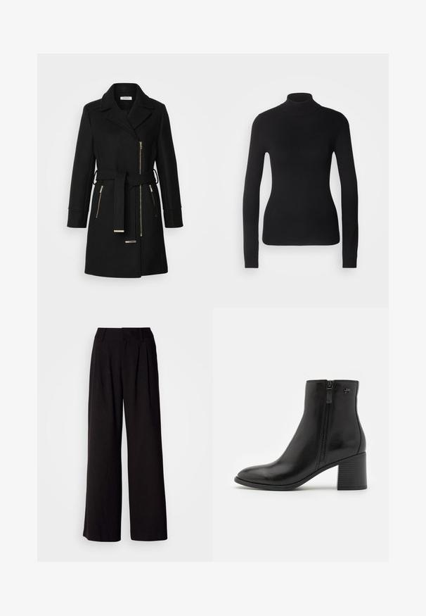 Manteau en mélange de laine noire avec un col à revers, une ceinture ajustable et des zips sur les côtés. Tissu texturé avec des accents en métal doré.; Pull à col roulé noir en maille légère. Il possède des manches longues, une coupe ajustée et une texture côtelée douce.; Pantalon large noir en tissu lisse, avec des plis à l'avant, une taille ajustée, et sans motifs ni accents visibles.; Bottines noires en cuir lisse avec une fermeture éclair sur le côté. Présentent un bout pointu et un talon bloc texturé pour plus de stabilité.