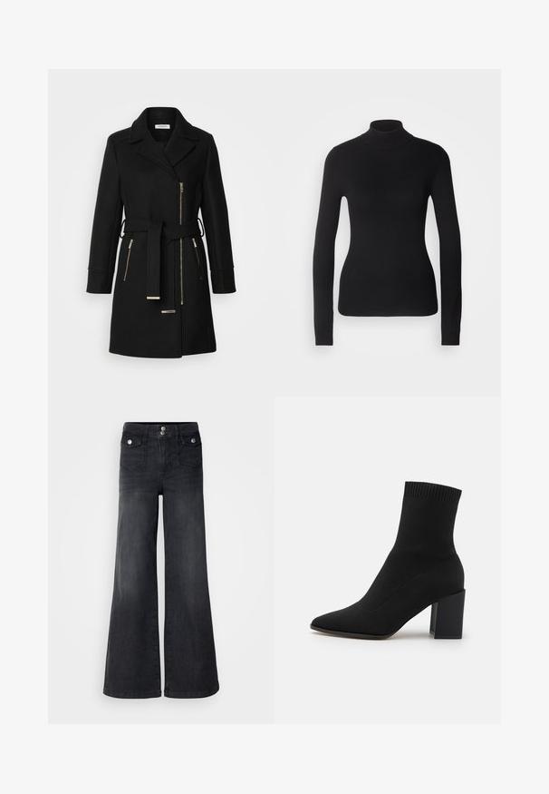 Sort uldblandingsfrakke med klippet krave, justerbart bælte og sidelommer med lynlås. Teksturstof med hardware i guldfarve.; Sort turtleneck sweater lavet af let strikket stof. Har lange ærmer, et tætsiddende design og en blød ribbet tekstur.; Sorte denim brede ben jeans med høj talje, forknapper og to forlommer; glat tekstur med en let falmet finish.; Sort ankelstøvle lavet af strækstof, med spids tå og firkantet blokhæl, og med ribbet kant øverst.