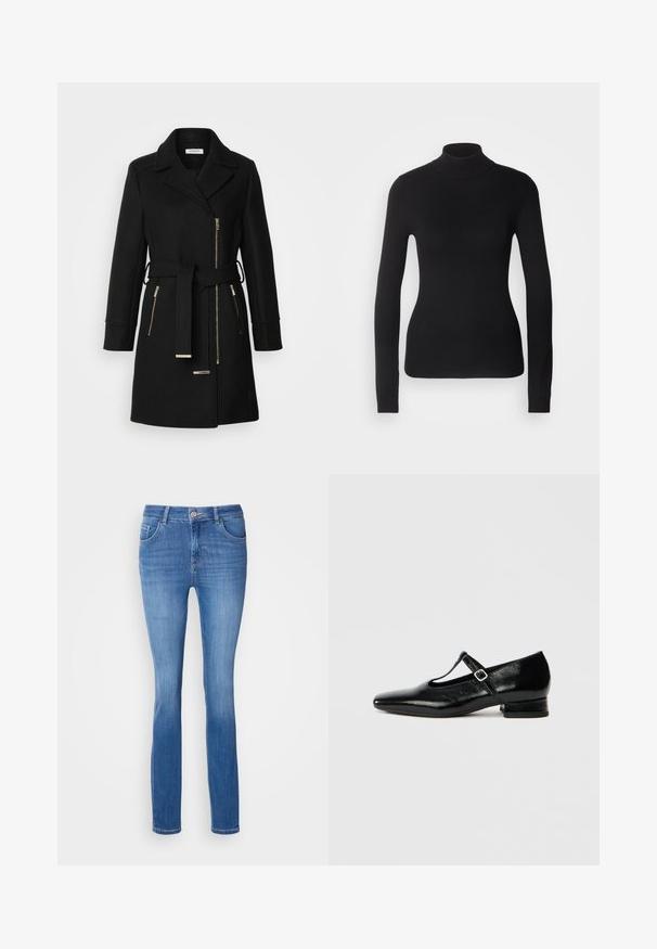 Manteau en mélange de laine noire avec un col à revers, une ceinture ajustable et des zips sur les côtés. Tissu texturé avec des accents en métal doré.; Pull à col roulé noir en maille légère. Il possède des manches longues, une coupe ajustée et une texture côtelée douce.; Jean en denim bleu avec une coupe slim, cinq poches et un motif légèrement délavé. Fabriqué à partir d'un tissu doux et extensible, avec une fermeture à bouton standard.; Chaussures Mary Jane en cuir noir avec bout pointu, petit talon carré et bride ajustable avec une boucle argentée. Texture lisse et brillante.