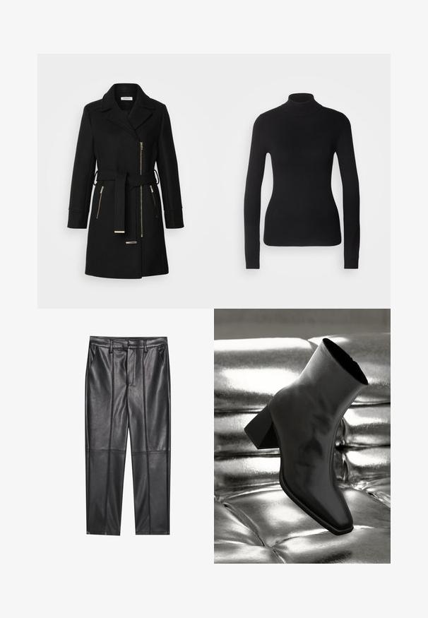 Manteau en mélange de laine noire avec un col à revers, une ceinture ajustable et des zips sur les côtés. Tissu texturé avec des accents en métal doré.; Pull à col roulé noir en maille légère. Il possède des manches longues, une coupe ajustée et une texture côtelée douce.; Pantalons en cuir noir avec une texture lisse, présentant une coupe droite, deux poches avant et des coutures visibles.; Botte noire à la cheville en matériau brillant avec un bout carré et un talon effilé, sur un fond argenté brillant et capitonné.