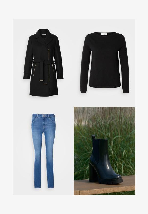 Schwarzer Wollmischungsmantel mit Reverskragen, verstellbarem Gürtel und seitlichen Reißverschlüssen. Texturiertes Gewebe mit Akzenten in Goldfarbe.; Marc O'Polo LONGSLEEVE ROUND NECK - Strickpullover - black; Blaue Jeans mit schlankem Schnitt, fünf Taschen und einem dezenten, verwaschenen Muster. Hergestellt aus weichem, dehnbaren Stoff, mit einem klassischen Knopfverschluss.; Schwarze, glänzende Leder-Ankle-Boots mit klobigem hohen Absatz und Zuglasche, präsentiert auf einer Holzoberfläche vor einem Hintergrund aus hochgewachsenem grünem Gras.