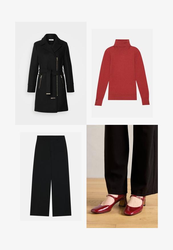 Abrigo de mezcla de lana negro con solapa en pico, cinturón ajustable y cremalleras laterales. Tejido texturizado con detalles de herrajes en tono dorado.; Suéter rojo de punto con cuello alto y textura acanalada, con tres botones decorativos en cada manga. Tejido suave con un ajuste holgado.; Pantalones negros de pierna ancha hechos de una tela suave. Presentan una cintura plana con pasadores de cinturón y sin bolsillos visibles. Diseño sencillo.; Zapatos de tacón Mary Jane de charol rojo con punta cuadrada, una correa en el empeine y un tacón bajo en bloque. Combinados con pantalones negros.
