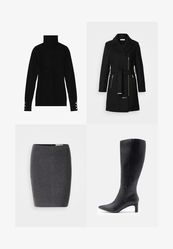 Abrigo de mezcla de lana negro con solapa en pico, cinturón ajustable y cremalleras laterales. Tejido texturizado con detalles de herrajes en tono dorado.; Suéter negro de cuello alto con una textura acanalada. Presenta mangas largas ajustadas con tres botones plateados en cada puño.; Falda lápiz de lana gris con una textura suave y un diseño ajustado, que presenta una cinturilla discreta y sin adornos visibles.; Botas altas de cuero negro hasta la rodilla con puntas afiladas, que presentan un diseño elegante y un pequeño tacón cuadrado. Textura suave con acentos mínimos.