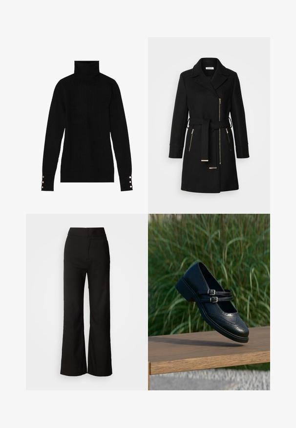 Abrigo de mezcla de lana negro con solapa en pico, cinturón ajustable y cremalleras laterales. Tejido texturizado con detalles de herrajes en tono dorado.; Suéter negro de cuello alto con una textura acanalada. Presenta mangas largas ajustadas con tres botones plateados en cada puño.; Pantalones de pierna ancha negros con una textura suave, cintura alta y un diseño limpio. Sin bolsillos visibles ni adornos.; Zapato Mary Jane negro de cuero con dobles correas con hebillas y detalles brogue, flotando sobre un banco de madera con fondo de césped verde.
