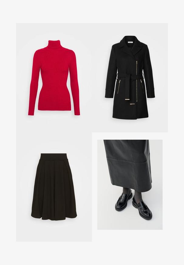 Manteau en mélange de laine noire avec un col à revers, une ceinture ajustable et des zips sur les côtés. Tissu texturé avec des accents en métal doré.; Pull en maille côtelée rouge avec un col roulé, des manches longues, un tissu texturé, une coupe ajustée et un col montant. Pas d'embellissements visibles.; Jupe plissée noire avec une large ceinture élastique. Fabriquée dans un tissu doux, elle présente un ourlet à mi-genoux et une texture lisse.; Mocassins en cuir noir avec une finition lisse, ornés d'une bande décorative, à bout rond et avec une semelle texturée. Portés avec une longue jupe en cuir noir.