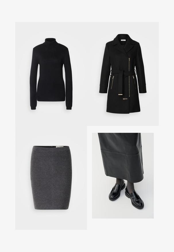 Sort uldblandingsfrakke med klippet krave, justerbart bælte og sidelommer med lynlås. Teksturstof med hardware i guldfarve.; Sort turtleneck sweater lavet af et blødt strikstof, med lange ærmer og en tætsiddende silhuet, der har ribbet krave og kant.; Grå uld blyantskirt med en glat tekstur og tætsiddende design, med en diskret talje og uden synlige udsmykninger.; Sorte læder loafers med en glat finish, prydet med en dekorativ rem, rund tå og tekstureret sål. Båret med en lang sort læderskirt.