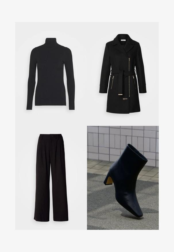 Manteau en mélange de laine noire avec un col à revers, une ceinture ajustable et des zips sur les côtés. Tissu texturé avec des accents en métal doré.; Pull noir à col roulé côtelé, doté de longues manches et d'une silhouette près du corps. La texture est lisse avec un motif de côtes horizontal.; Pantalon large noir en tissu lisse, avec des plis à l'avant, une taille ajustée, et sans motifs ni accents visibles.; Bottine noire en cuir avec talon bloc, posée sur un trottoir gris devant un mur clair carrelé.