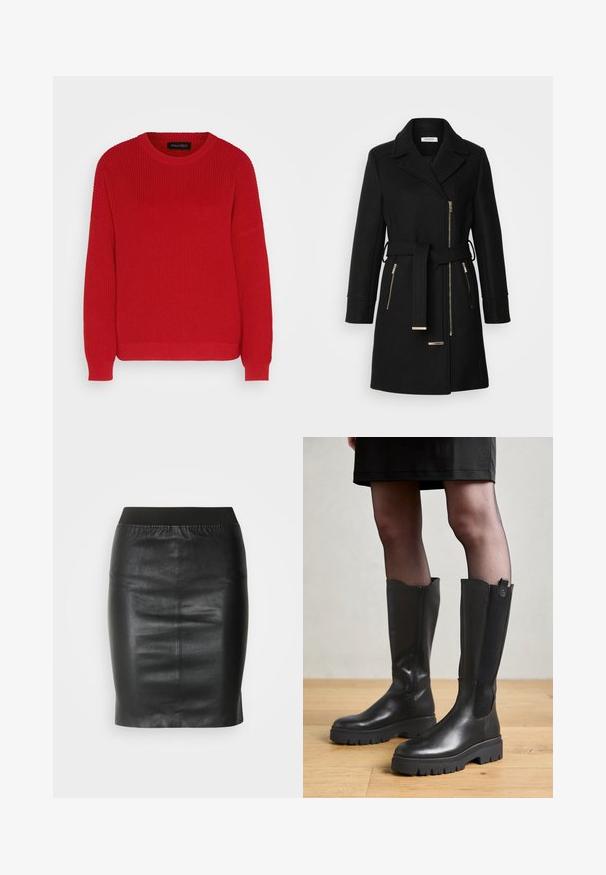 Manteau en mélange de laine noire avec un col à revers, une ceinture ajustable et des zips sur les côtés. Tissu texturé avec des accents en métal doré.; Pull en tricot rouge avec un col ras du cou, une texture côtelée et des manches légèrement oversize. Présente un ourlet droit et un tissu durable.; Jupe crayon noire en cuir lisse, dotée d'une taille élastique pour une silhouette ajustée et un design minimaliste.; Bottes noires jusqu'au genou avec un extérieur en cuir lisse, des panneaux latéraux en élasthanne et une semelle en caoutchouc épaisse avec un motif de semelle texturé.