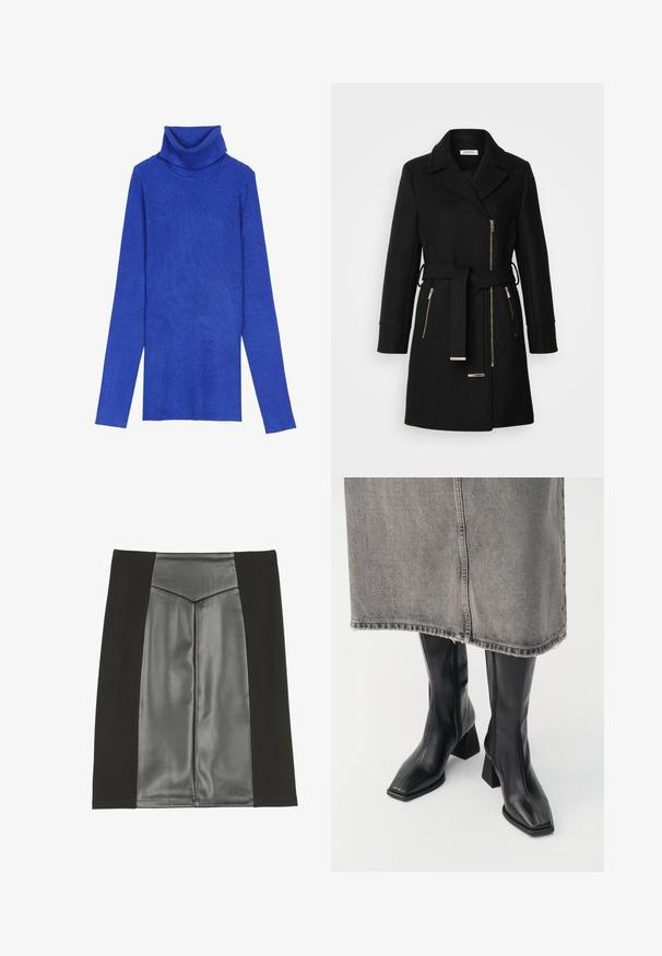 Sort uldblandingsfrakke med klippet krave, justerbart bælte og sidelommer med lynlås. Teksturstof med hardware i guldfarve.; Kongeligt blåt ribstrikket turtleneck-sweater lavet af tekstureret stof med lange ærmer og en fold-over krave, der har en smal pasform.; Anna Field by Zalando A-snit nederdel - black; Sorte knæhøje støvler i glat læder med firkantet tå og blokeret hæl. Båret med en grå denimnederdel med flosset kant.