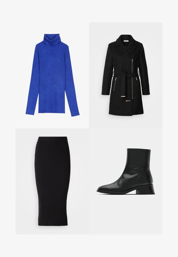 Manteau en mélange de laine noire avec un col à revers, une ceinture ajustable et des zips sur les côtés. Tissu texturé avec des accents en métal doré.; Pull en col roulé côtelé bleu royal réalisé en tissu texturé, avec des manches longues et un col replié, présentant un design ajusté.; Jupe crayon en maille côtelée noire avec une ceinture extensible, présentant une silhouette moulante et des détails côtelés verticaux sur toute la surface.; Bottine noire en cuir brillant, au design épuré, avec un bout pointu et un petit talon bloc pour plus de stabilité.