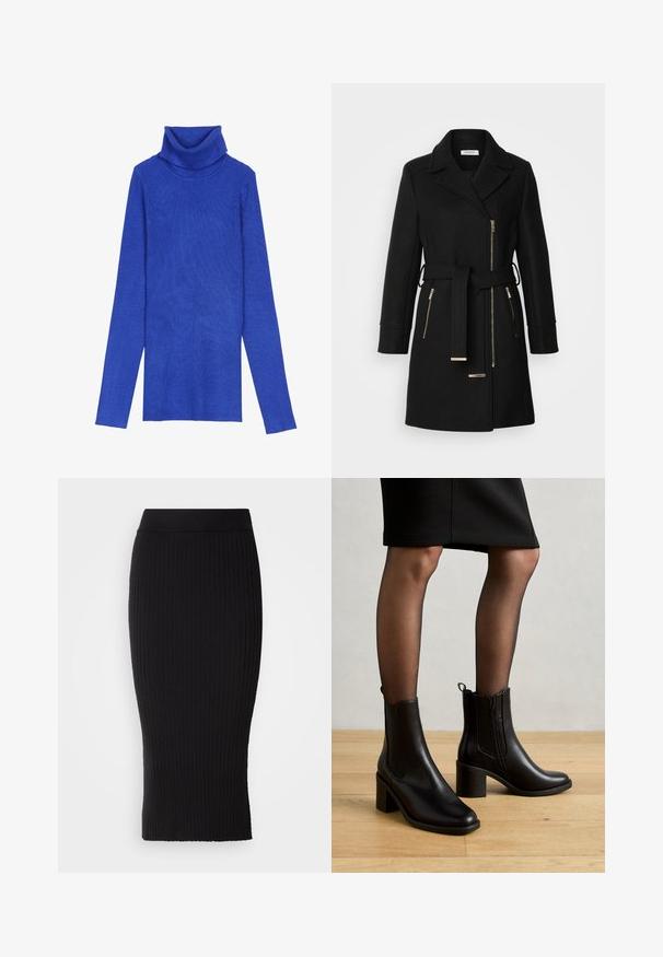 Zwarte wollen mix jas met een notch-kraag, verstelbare riem en zijritsen. Getextureerde stof met accenten in goudkleurig metaal.; Koningsblauwe geribbelde turtleneck trui gemaakt van textiel met lange mouwen en een omgeslagen kraag, met een slanke pasvorm.; Zwarte geribbelde gebreide kokerrok met een rekbare tailleband, met een nauwsluitend silhouet en verticale ribbels over het hele oppervlak.; Anna Field by Zalando Lage laarzen - black