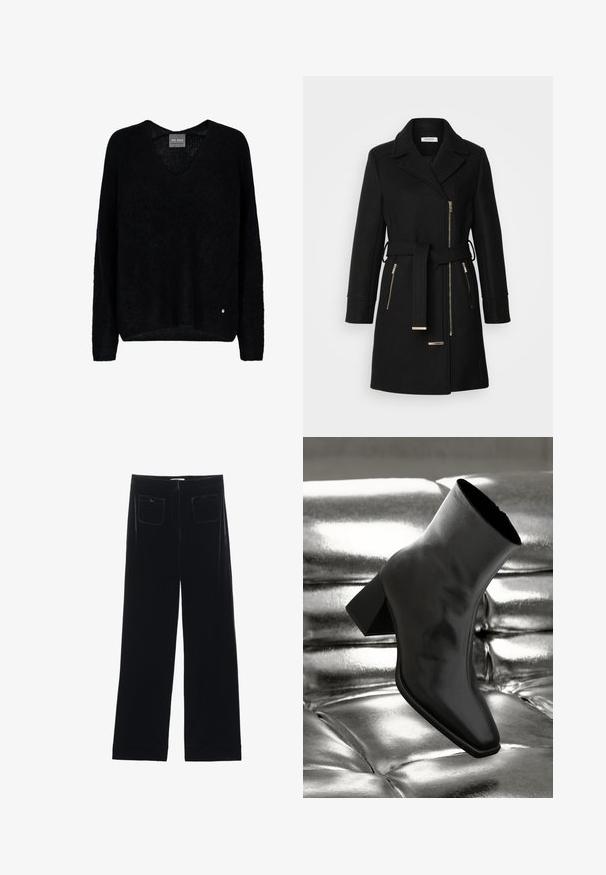Zwarte wollen mix jas met een notch-kraag, verstelbare riem en zijritsen. Getextureerde stof met accenten in goudkleurig metaal.; Zwarte oversized trui met een V-hals, lange mouwen, gemaakt van een textuurstof. Opvallend detail is een klein metalen logo-accent bij de zoom.; Zwarte fluwelen wijde broek met twee achterzakken en een gladde textuur, met een rechte snit en afgewerkte zoom bij de enkels.; Zwarte enkellaarsjes van glanzend materiaal met een vierkante neus en taps toelopende hak, afgezet tegen een glanzende zilveren gecapitonneerde achtergrond.