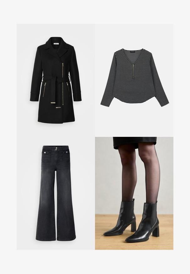 Zwarte wollen mix jas met een notch-kraag, verstelbare riem en zijritsen. Getextureerde stof met accenten in goudkleurig metaal.; Zwart-witte gestreepte longsleeve top met een v-hals en een rits in het midden. De stof lijkt glad, met een ontspannen, iets cropped pasvorm.; Zwarte denim wijd uitlopende jeans met een hoge taille, voorste knopen en twee voorzakken; soepele textuur met een lichte vervaging.; Zwarte leren enkellaarsjes met een spitse neus, stevige vierkante hak en een fraaie uitstraling. Beschikt over elastische zijpanelen voor gemakkelijke aan- en uittrekken.