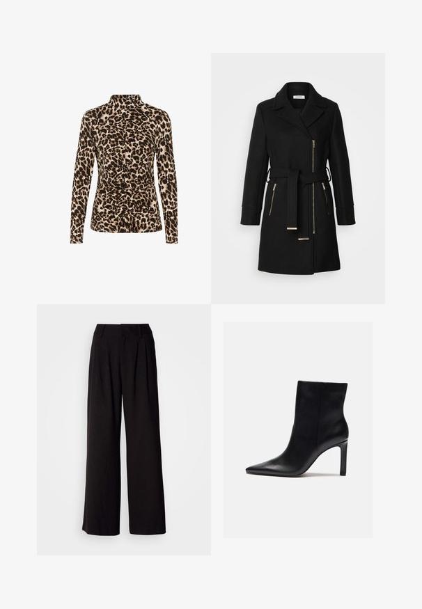 Sort uldblandingsfrakke med klippet krave, justerbart bælte og sidelommer med lynlås. Teksturstof med hardware i guldfarve.; Langærmet top med høj krave, leopardprint i brune og beige nuancer, og med rynkedetaljer foran for formgivning.; Sorte bukser med vid benvidde lavet af glat stof, med folder foran, en tætsiddende talje og uden synlige mønstre eller detaljer.; Zign Højhælede støvletter - black