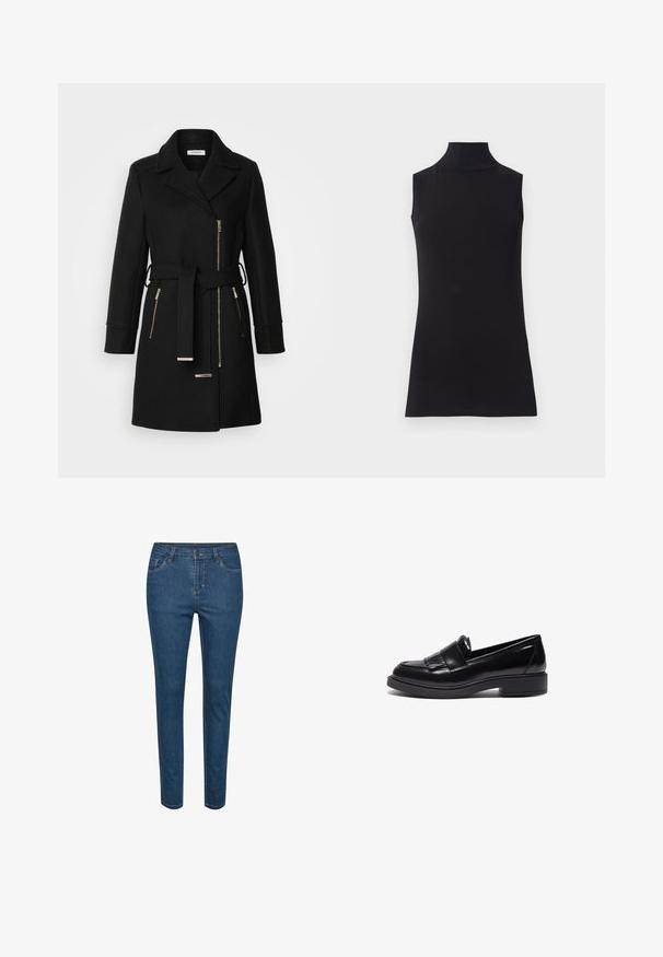 Sort uldblandingsfrakke med klippet krave, justerbart bælte og sidelommer med lynlås. Teksturstof med hardware i guldfarve.; Sort ærmeløs turtleneck top, lavet af glat stof. Figurtilpasset design med høj hals og lige kant, minimalistisk og ensfarvet.; Blå denim slim-fit jeans med frontknap og lynlås, bæltestropper og lommer foran og bagpå.; Sorte læder loafers med et slankt design, der har en rund tå, dekorativ frynse og en lav, struktureret gummisål.