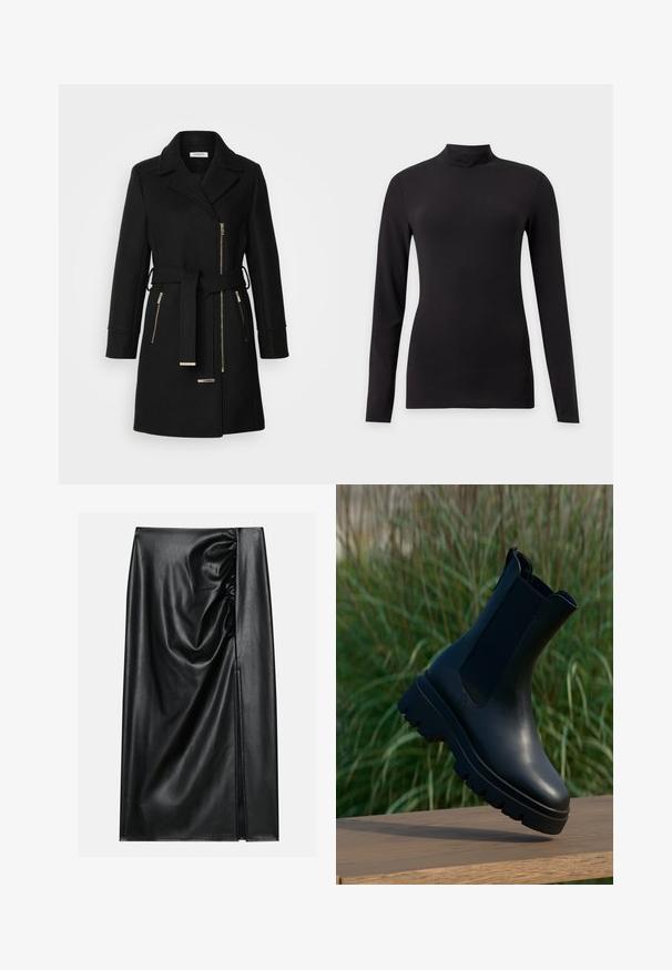 Schwarzer Wollmischungsmantel mit Reverskragen, verstellbarem Gürtel und seitlichen Reißverschlüssen. Texturiertes Gewebe mit Akzenten in Goldfarbe.; Schwarzes, enganliegendes Langarmshirt mit Stehkragen, gezeigt vor einfachem hellgrauem Hintergrund.; Schwarzer Lederrock mit glatter Textur, der auf einer Seite einen gerafften Abschnitt und einen seitlichen Schlitz für zusätzlichen Detailreichtum aufweist.; Schwarze Leder-Stiefeletten mit schlankem Design, abgerundeter Spitze, elastischen Seitenpaneelen und klobigen, strukturierten Gummisohlen.