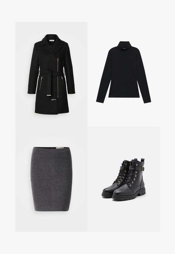 Manteau en mélange de laine noire avec un col à revers, une ceinture ajustable et des zips sur les côtés. Tissu texturé avec des accents en métal doré.; Turtleneck à manches longues noir. Tissu doux, design près du corps, col montant et coutures latérales. Style simple et polyvalent, idéal pour le superposition.; Jupe crayon en laine grise avec une texture lisse et un design ajusté, dotée d'une taille discrète et sans décorations visibles.; Bottes noires en cuir avec un bout rond, des lacets, œillets en or, un accent de boucle et une semelle épaisse et texturée.