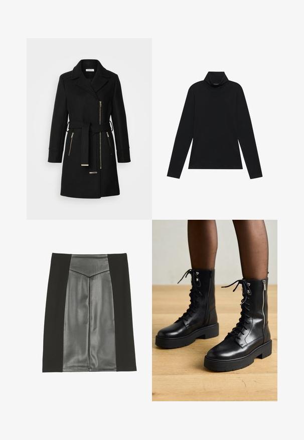 Sort uldblandingsfrakke med klippet krave, justerbart bælte og sidelommer med lynlås. Teksturstof med hardware i guldfarve.; Sort turtleneck med lange ærmer. Blødt stof, tætsiddende design, høj krave og sidesøm. Simpel og alsidig stil, der er velegnet til lag-på-lag.; Anna Field by Zalando A-snit nederdel - black; Sorte læder snørebåndsstøvler med kraftige såler, sidelukning med lynlås og metaløjer. Glat overflade med varieret tekstur på skaftet.