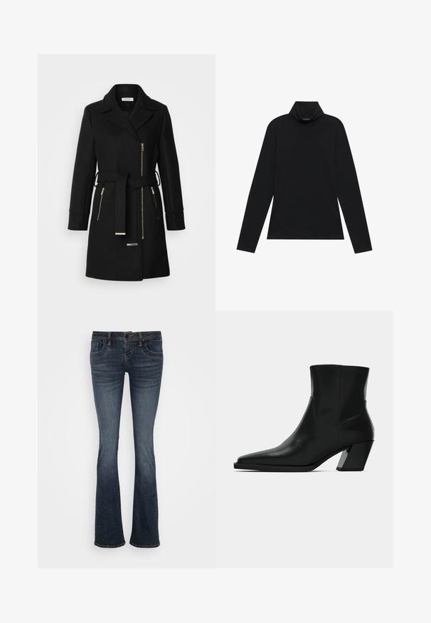 Zwarte wollen mix jas met een notch-kraag, verstelbare riem en zijritsen. Getextureerde stof met accenten in goudkleurig metaal.; Zwarte langetermijn turtleneck. Zachte stof, getailleerd design, hoge kraag en zijnaad. Eenvoudige en veelzijdige stijl die geschikt is voor het laagjes dragen.; Donkerblauwe uitlopende jeans met een middelhoge taille, vijf zakken en subtiele stiksels. Gemaakt van denim met een gladde textuur.; Zwarte leren enkelboot met een spitse neus, een slanke silhoeet en een chunky vierkante hak. Gladde textuur met minimale stikdetails.