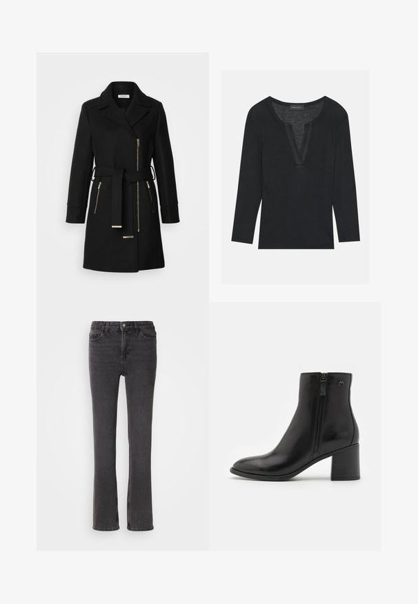 Schwarzer Wollmischungsmantel mit Reverskragen, verstellbarem Gürtel und seitlichen Reißverschlüssen. Texturiertes Gewebe mit Akzenten in Goldfarbe.; Schwarzes Langarmoberteil mit gerippter Textur, V-Ausschnitt und dezenten Nähdetails. Das Material ist leicht elastisch für zusätzlichen Komfort.; Schwarze Denim-Jeans mit geradem Bein, ausgestattet mit Fronttaschen, einem Reißverschluss und dezenten Steppdetails. Der Stoff hat eine leichte Textur.; Schwarze Knöchelstiefel aus glattem Leder mit einem seitlichen Reißverschluss. Sie verfügen über eine spitze Schuhspitze und einen strukturierten Blockabsatz für Stabilität.