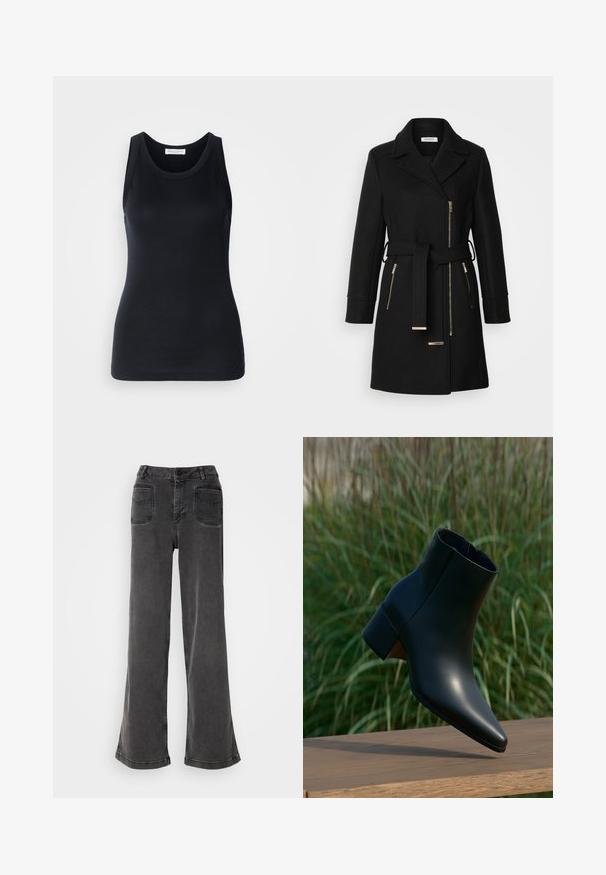 Manteau en mélange de laine noire avec un col à revers, une ceinture ajustable et des zips sur les côtés. Tissu texturé avec des accents en métal doré.; Débardeur noir en tissu doux et extensible. Il dispose d'un col rond et de larges bretelles, avec une silhouette ajustée et une texture lisse.; Jean noir taille haute à jambes larges en denim, avec une fermeture à bouton, des passants de ceinture et deux poches arrière avec des accents cousus.; Bottine noire en cuir avec talon bloc, bout pointu, présentée au-dessus d'une surface en bois avec un fond flou d'herbe verte.