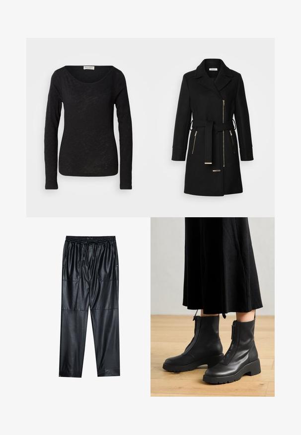 Abrigo de mezcla de lana negro con solapa en pico, cinturón ajustable y cremalleras laterales. Tejido texturizado con detalles de herrajes en tono dorado.; Blusa negra de manga larga hecha de una tela ligera y texturizada. Presenta un escote en forma de scoop y una silueta ajustada con un detalle mínimo.; Pantalones de imitación cuero negros con cintura elástica, cordón ajustable y dos bolsillos frontales. Presentan un corte holgado y cónico, además de una textura suave.; Botas de tobillo de cuero negro con suela de plataforma gruesa y cremallera delantera. Textura suave con un diseño minimalista.