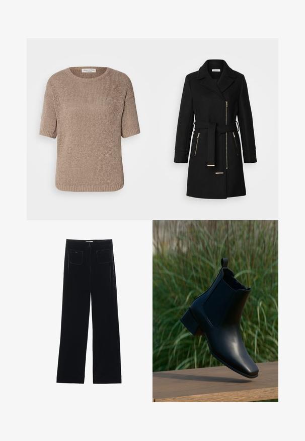 Zwarte wollen mix jas met een notch-kraag, verstelbare riem en zijritsen. Getextureerde stof met accenten in goudkleurig metaal.; Beige gebreide trui met korte mouwen, ronde halslijn en een losse pasvorm. Het heeft een gestructureerd patroon en een geribbelde zoom.; Zwarte fluwelen wijde broek met twee achterzakken en een gladde textuur, met een rechte snit en afgewerkte zoom bij de enkels.; Zwarte leren enkellaarzen met blokhak in balans op houten oppervlak, achtergrond met groen hoog gras.