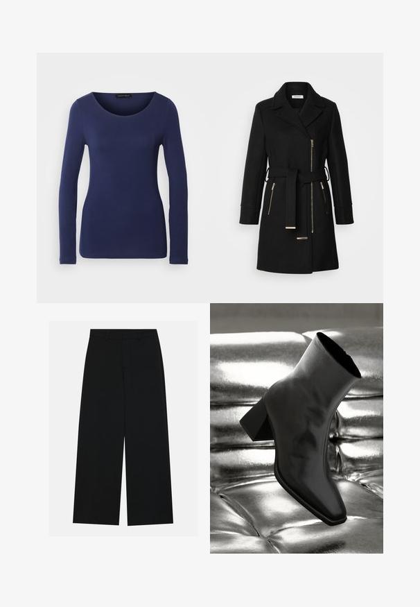 Abrigo de mezcla de lana negro con solapa en pico, cinturón ajustable y cremalleras laterales. Tejido texturizado con detalles de herrajes en tono dorado.; Camiseta de manga larga en color navy, hecha de material suave, con un escote redondo y un diseño ajustado. Sin patrones ni acentos visibles.; Pantalones negros de pierna ancha hechos de una tela suave. Presentan una cintura plana con pasadores de cinturón y sin bolsillos visibles. Diseño sencillo.; Botín negro de tobillo hecho de material brillante, con punta cuadrada y tacón cónico, contra un fondo plateado brillante con almohadillado.