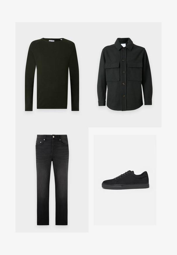 Only & Sons ONSKANE SHACKET - Chaqueta fina - dark grey; Camiseta de punto de manga larga en verde oscuro con escote redondo, que presenta un tejido texturizado y puños ajustados. Etiqueta visible en el cuello.; Jeans negros de corte slim con cinco bolsillos, cierre de botón y cremallera, y trabillas para cinturón, mostrados contra un fondo blanco liso.; Zapatilla deportiva negra de corte bajo con cordones delanteros y suela de goma plana, mostrada de lado sobre un fondo blanco.