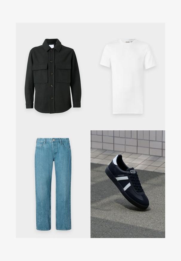 Only & Sons ONSKANE SHACKET - Chaqueta fina - dark grey; Camiseta blanca lisa de manga corta con cuello redondo y una pequeña etiqueta de la marca en el interior del cuello, mostrada sobre un fondo blanco.; Vaqueros de denim azul claro con diseño de pernera recta, que cuentan con cinco bolsillos, trabillas para el cinturón y cierre de botón. Textura suave con un ligero desvanecimiento.; Zapatilla de cuero negra con rayas blancas, suela de goma texturizada y parte frontal con cordones. Cuenta con una etiqueta de marca en la lengüeta.