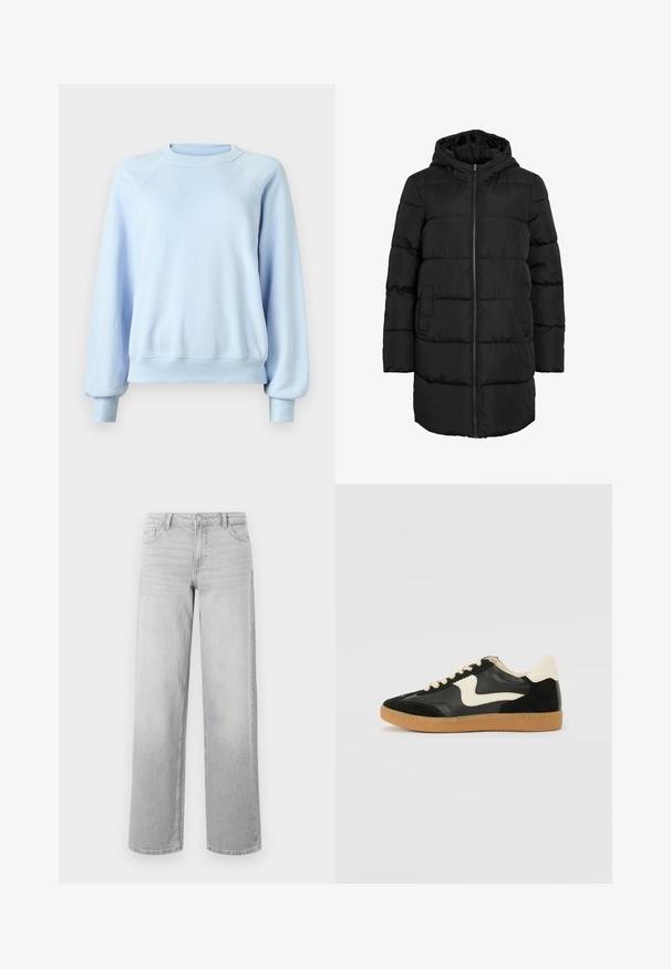 Manteau matelassé noir avec capuche, fermeture éclair frontale et poches latérales. Texture lisse avec un motif matelassé horizontal.; Sweatshirt à col rond à manches longues de couleur bleu clair avec des poignets et un ourlet côtelés, présenté sur un fond blanc uni.; Jean large en denim gris clair. Comprend cinq poches, une fermeture à bouton et une texture légèrement délavée pour un look usé.; Baskets en daim et cuir noir avec un swoosh latéral crème et un talon crème clair. Dotées de lacets beige et d'une semelle en caoutchouc gomme.