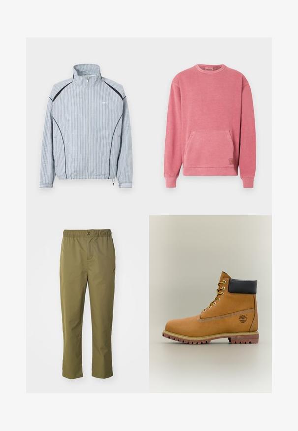 Veste légère à fermeture éclair, motif à carreaux bleu et blanc, col montant, poignets élastiques et poches latérales avec accents noirs.; Sweat-shirt rose avec encolure ronde, manches longues, poche avant, et poignets et base côtelés. Comprend un petit écusson logo.; Pantalons vert olive avec une taille élastique, fermeture à bouton et une coupe décontractée. Fabriqués en tissu léger, avec des poches latérales.; Bottine en cuir marron avec col noir, lacets jaunes et semelle beige. Présente un logo et des détails de couture blanche. Semelle extérieure à traction robuste.