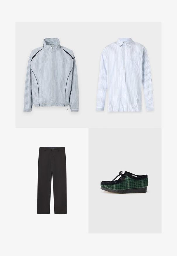 Leichte Reißverschlussjacke mit blau-weißem Karo-Muster, Stehkragen, elastischen Bündchen und seitlichen Taschen mit schwarzen Akzenten.; Langärmeliges Hemd mit Knopfleiste, hellblauen und weißen vertikalen Streifen und einer Brusttasche auf schlichtem Hintergrund.; Schwarze Hosen aus glattem Stoff mit geradem Bein, einem Bund mit Knopfverschluss und ohne sichtbare Muster oder Akzente.; Grüne und schwarze gemusterte Schuhe mit einem Obermaterial aus Wildleder, runder Zehenform, Schnürsenkeln und einer strukturierten Gummisohle.
