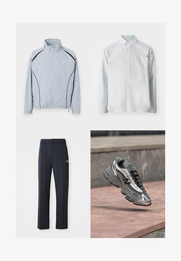 Ľahká bunda na zips, modro-biely károvaný vzor, stojatý golier, elastické manžety a bočné vrecká s čiernymi akcentmi.; New Balance OXFORD - Košeľa - blue; Čierne nohavice rovného strihu s elastickým pásom, zapínaním na gombík, so švovými detailami a malým bielym logom "the new originals" na ľavom stehne.; Šedá a strieborná teniska New Balance označená „1000“ vznášajúca sa nad ružovkastým kamenným povrchom s pozadím zo šedej kamennej steny.