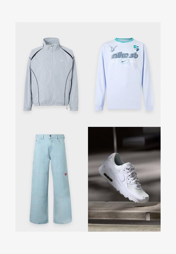 Veste légère à fermeture éclair, motif à carreaux bleu et blanc, col montant, poignets élastiques et poches latérales avec accents noirs.; Chemise bleu clair à manches longues avec des rayures turquoise au niveau du col, texte graphique « nike sb EST. 2002 », logo Nike, illustration d'oiseau et blason à quatre icônes sur la poitrine.; Jean large bleu clair en denim avec des patches contrastants. Il présente une fermeture à boutons à l'avant et un petit patch logo sur la poche latérale.; Sneaker Nike Air Max 90 blanche avec une tige en mesh et cuir, une boîte à orteils perforée et une unité air visible au talon.