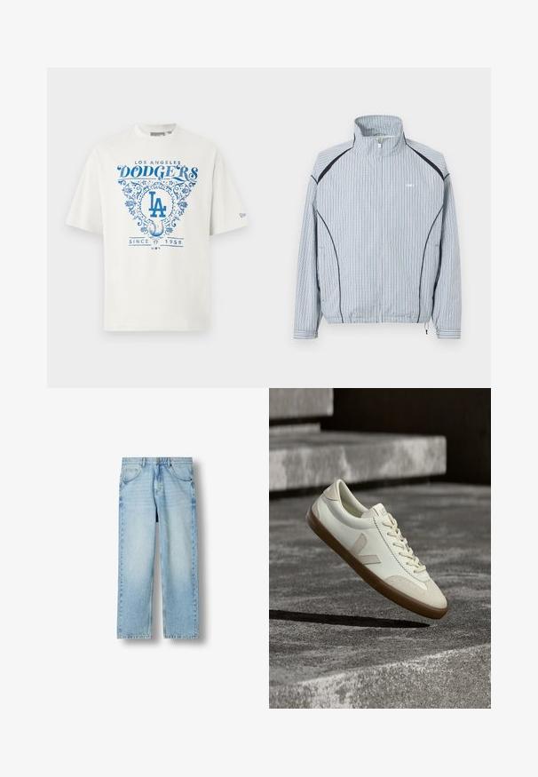 Leichte Reißverschlussjacke mit blau-weißem Karo-Muster, Stehkragen, elastischen Bündchen und seitlichen Taschen mit schwarzen Akzenten.; Weißes Baumwoll-T-Shirt mit blauem Grafiktext "LOS ANGELES DODGERS" und "SINCE 1958" sowie floralen Akzenten und dem "LA"-Logo in der Mitte.; Hellblaue Jeans mit geradem Bein, fünf Taschen, Knopfverschluss und sichtbaren Nähten auf weißem Hintergrund.; Weiße Leder-Sneaker mit beige-gummiartiger Sohle, flachen Schnürsenkeln und V-förmigem Akzent an der Seite. Verfügt über eine glatte Oberfläche und minimale Nahtdetails.