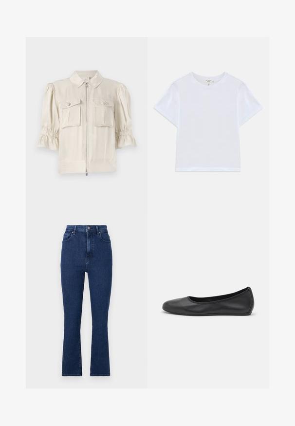 Blouse écrue à manches courtes avec un col, fermeture éclair sur le devant, deux poches à boutons et fronces aux bords des manches. Tissu lisse.; T-shirt blanc court en coton doux, avec un col rond et des manches courtes, d'ajustement légèrement décontracté. Pas de motifs ni d'accents.; Jeans taille haute bleu foncé en tissu en denim avec une coupe droite, dotés de poches avant et d'une fermeture à bouton en métal.; Ballerines en cuir noir avec un bout rond, texture lisse, détails de couture minimalistes et design de semelle flexible.