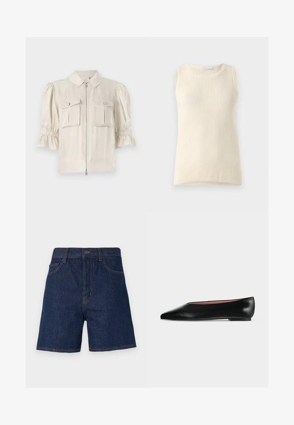 Blouse écrue à manches courtes avec un col, fermeture éclair sur le devant, deux poches à boutons et fronces aux bords des manches. Tissu lisse.; Haut sans manches crème avec une texture côtelée et un col rond. Le tissu semble doux, avec une coupe ajustée et sans motifs ni accents visibles.; Shorts en denim bleu foncé avec un design classique à cinq poches, surpiqûres orange visibles et fermeture à bouton au niveau de la taille.; Chaussure plate en cuir noir pour femme, avec bout pointu et petit talon, vue de côté sur un fond gris clair uni.