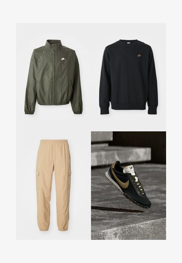 Olivgrüne Nike-Jacke mit hohem Kragen, Reißverschluss vorne, elastischen Bündchen und kleinem weißen Logo auf der linken Brust. Leicht und mit glatter Textur.; Schwarzer Pullover aus weichem Stoff, mit rundem Ausschnitt, langen Ärmeln und einem kleinen goldenen Nike-Logo auf der Brust.; Beige Cargo-Hosen aus leichtem Stoff, mit einem elastischen Bund, zwei Seitentaschen und elastischen Bündchen an den Knöcheln.; Schwarzer und goldener Nike Laufschuh mit strukturiertem Obermaterial und gemusterten Schnürsenkeln, der über einer rauen Betonfläche und Stufen schwebt.