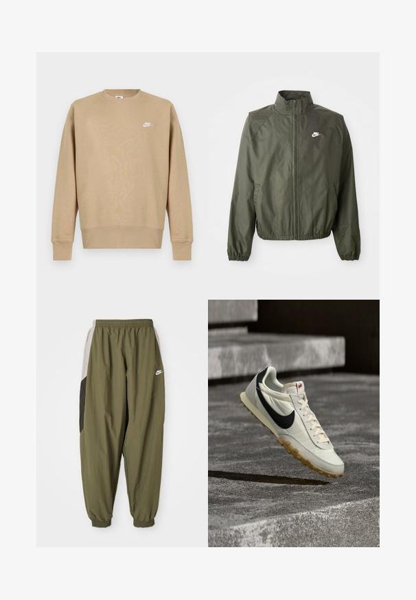Olivovo zelená bunda Nike s vysokým golierom, predným zipsom, elastickými manžetami a malým bielym logom na ľavej hrudi. Ľahká, hladká textúra.; Svetrová mikina Nike v béžovej farbe s okrúhlym výstrihom, dlhými rukávmi a bielym logom na hrudi. Tkanina vyzerá jemne a má hladkú štruktúru.; Olivovo zelené športové nohavice Nike s elastickým pásom a manžetami. Obsahujú bočné panely v svetlošedej a tmavošedej farbe s detailom loga.; Biely a čierny teniska značky Nike s podrážkou farby žuvačky, visiaca nad betónovými schodmi, osvietená prirodzeným slnečným svetlom.