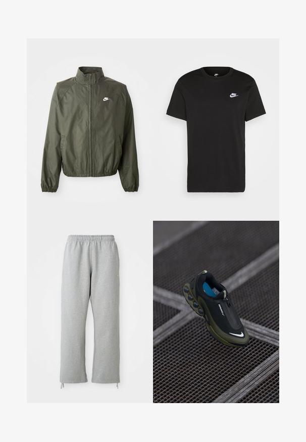 Chaqueta Nike de color verde oliva con cuello alto, cierre con cremallera en la parte delantera, puños elásticos y un pequeño logo blanco en el lado izquierdo del pecho. Ligera, con una textura suave.; Camiseta de algodón negra con mangas cortas, cuello redondo y un pequeño logo blanco de Nike en la parte superior del lado izquierdo del pecho. Textura suave. Corte clásico.; Pantalones de chándal grises con una cintura elástica, piernas rectas y detalles de cordones en el dobladillo. Fabricados en una suave tela texturizada.; Zapatilla Nike Air Max en negro y oliva con un cuerpo liso, cierre con cremallera y cápsulas de amortiguación de aire distintivas en la suela. Plantilla azul visible.