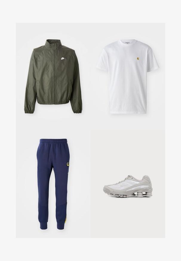 Olivgrüne Nike-Jacke mit hohem Kragen, Reißverschluss vorne, elastischen Bündchen und kleinem weißen Logo auf der linken Brust. Leicht und mit glatter Textur.; Weißes Baumwoll-T-Shirt mit kurzen Ärmeln, Rundhalsausschnitt, mit einem kleinen goldenen Logo im linken Brustbereich. Weicher Stoff und normale Passform.; Navyblaue Sweatpants mit elastischem Bund, Seitentaschen und schwarzem/gelbem Logo-Patch, mit strukturierten Panel-Akzenten in der Nähe der Knöchel.; Grauer und weißer Sportschuh mit sichtbarer Luftpolstersohle und Mesh-Einsätzen, im Profil auf einfachem hellem Hintergrund gezeigt.