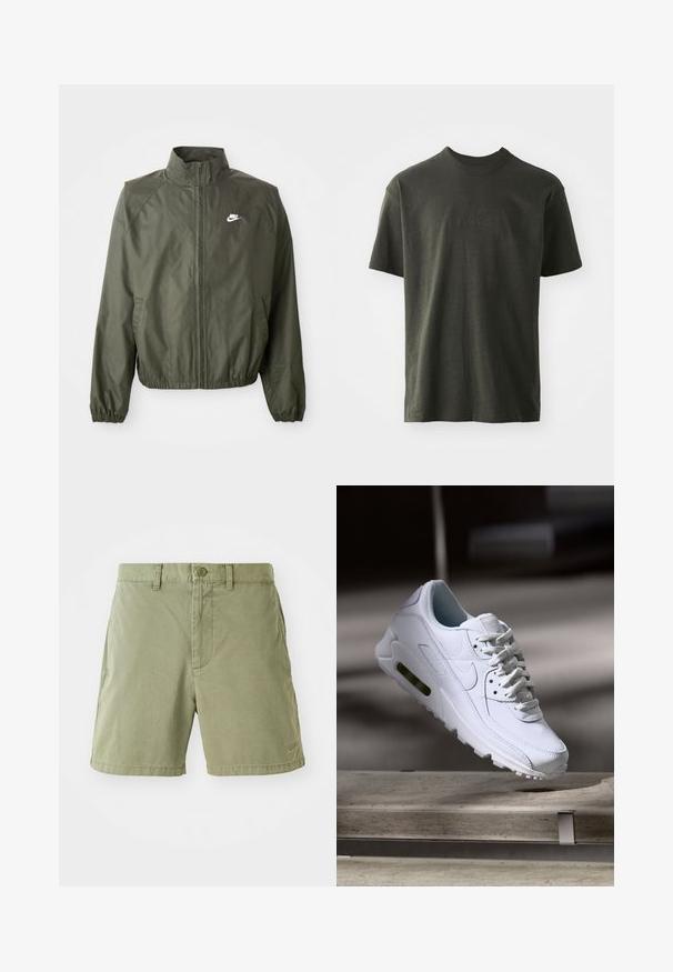 Olivivärvi Nike'i jakk, mis on koos kõrge krae, lukuga esiosa, elastsete varrukate ja väikese valge logoga vasakul rindkere piirkonnas. Kerge, siledastest materjalidest.; Tumes roheline T-särk pehmest kangast, millel on ümar kaelus ja lühikesed varrukad. Tikkitud "nike" logo, mis on veidi tumedamat roheline.; Khaki lühikesed püksid, mis on valmistatud pehmest puuvillast sileda tekstuuriga. Omavad nööbiga sulgemist, küljetaskuid ja väikest logo ääre peal.; Valge nahast tennisete õhustuskujuga pinnad, pehmendustega krae ja nähtav õhuklapp tallas. Omab paelu ja minimaliseeritud disaini.