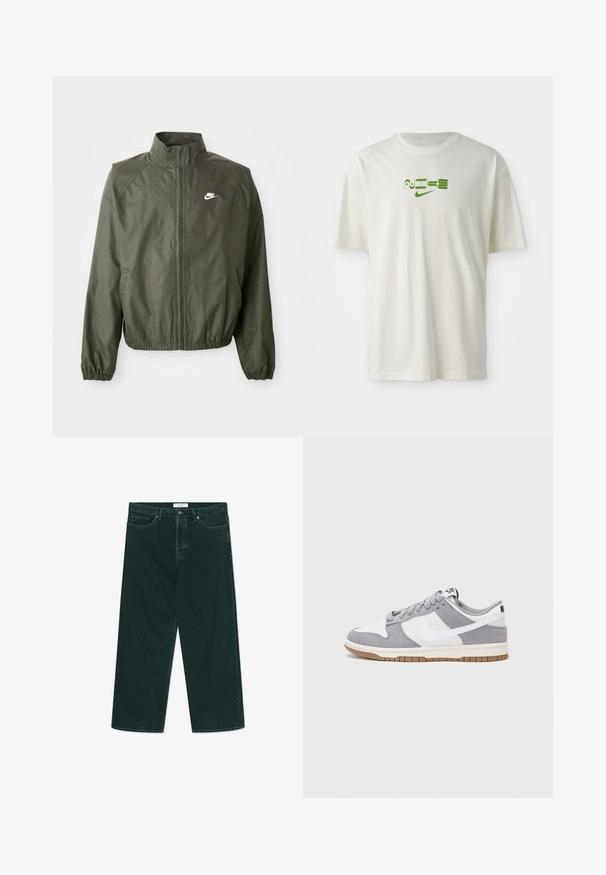 Olivengrøn Nike-jakke med høj krave, lynlås foran, elastiske manchetter og et lille hvidt logo på venstre bryst. Letvægts, glat tekstur.; Hvid bomulds t-shirt med et grønt grafisk print med ordet "NIKE" og logo. Korte ærmer og rund hals. Glat tekstur.; Mørkegrønne vidde denimjeans med knap- og lynlås lukning, forlommer og bæltestropper, liggende fladt på en hvid baggrund.; Nike-sneakers har en øverste del i gråt ruskind og hvidt læder med perforeringer, runde snørebånd og en gummisål for greb.