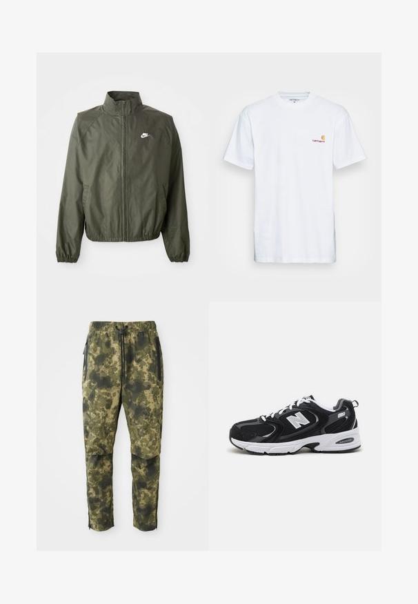 Olivovo zelená bunda Nike s vysokým golierom, predným zipsom, elastickými manžetami a malým bielym logom na ľavej hrudi. Ľahká, hladká textúra.; Biala bavlnená tričko s krátkymi rukávmi. Navrhnuté s malým oranžovým a vínovým logom na ľavej strane hrude. Obsahuje klasický crew neck.; Kárované nohavice v rôznych odtieňoch zelenej farby s digitálnym vzorom. Vybavené elastickým pásom, šnúrkou na stiahnutie a bočnými vreckami so zipsom.; Čierne a šedé športové topánky s hornou časťou z mikrovlákna a zamatu, s bielou medzipodrážkou, šnúrkami a výrazným logom "N" na boku.